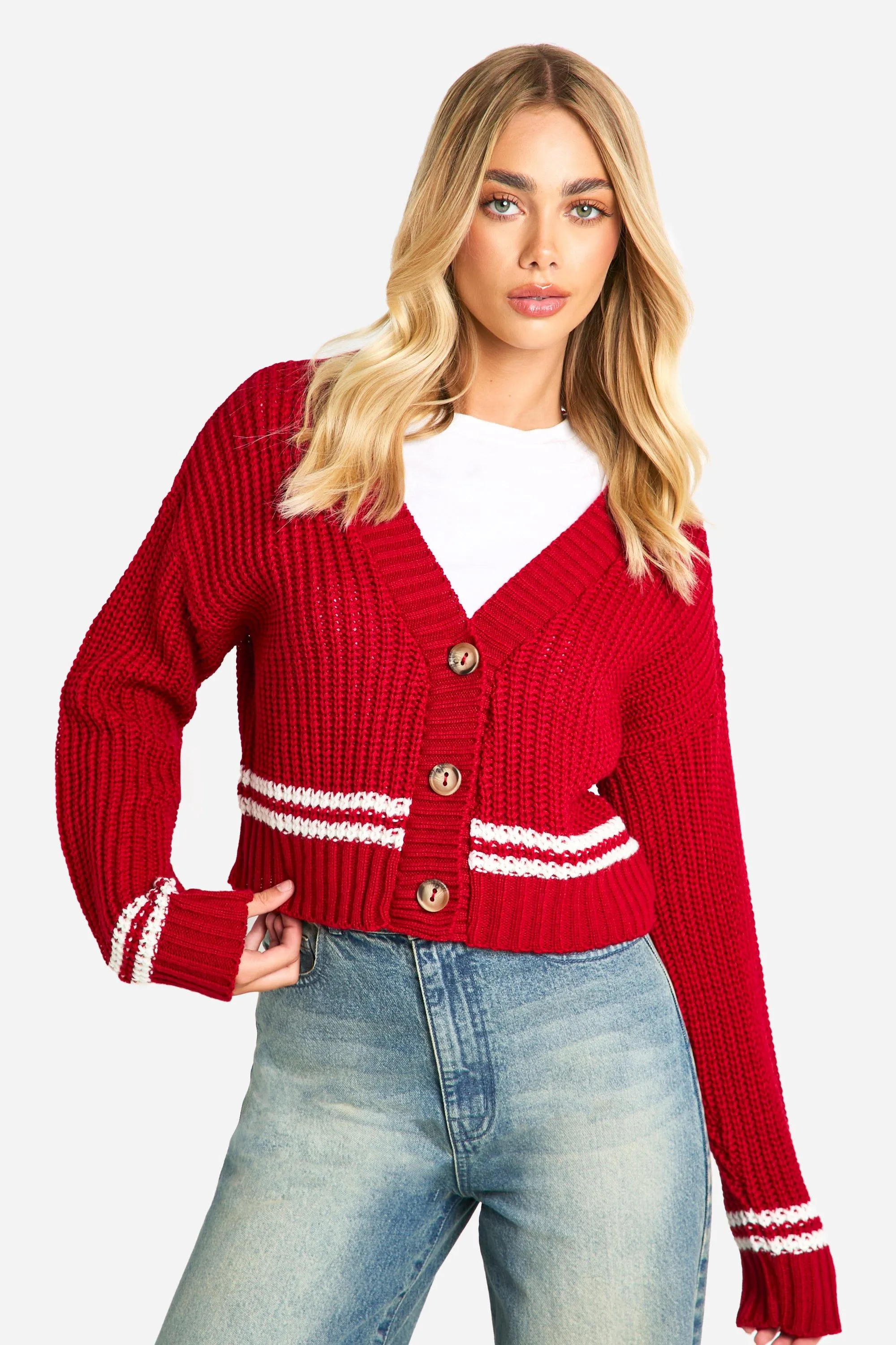 Stripe Detail Chunky Knitted Cardigan