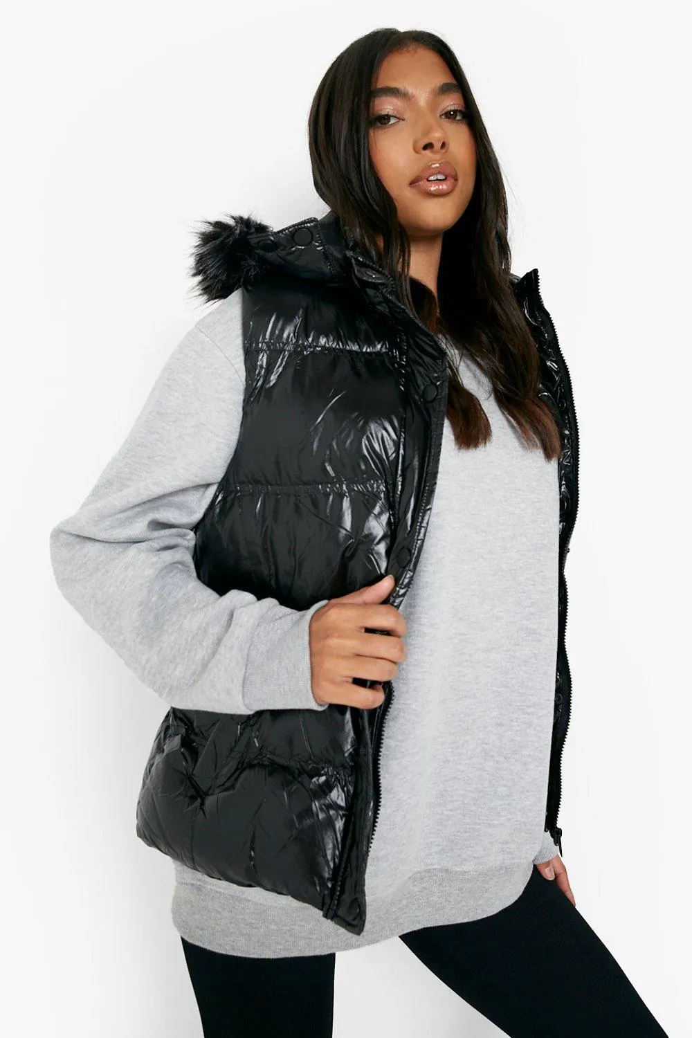 Tall Faux Fur Trim High Shine Vest