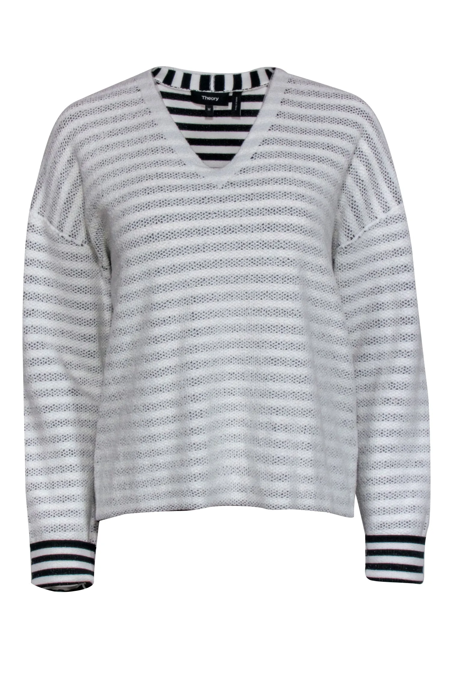 Theory - White & Black Reverse Stripe V-Neckline Sweater Sz M