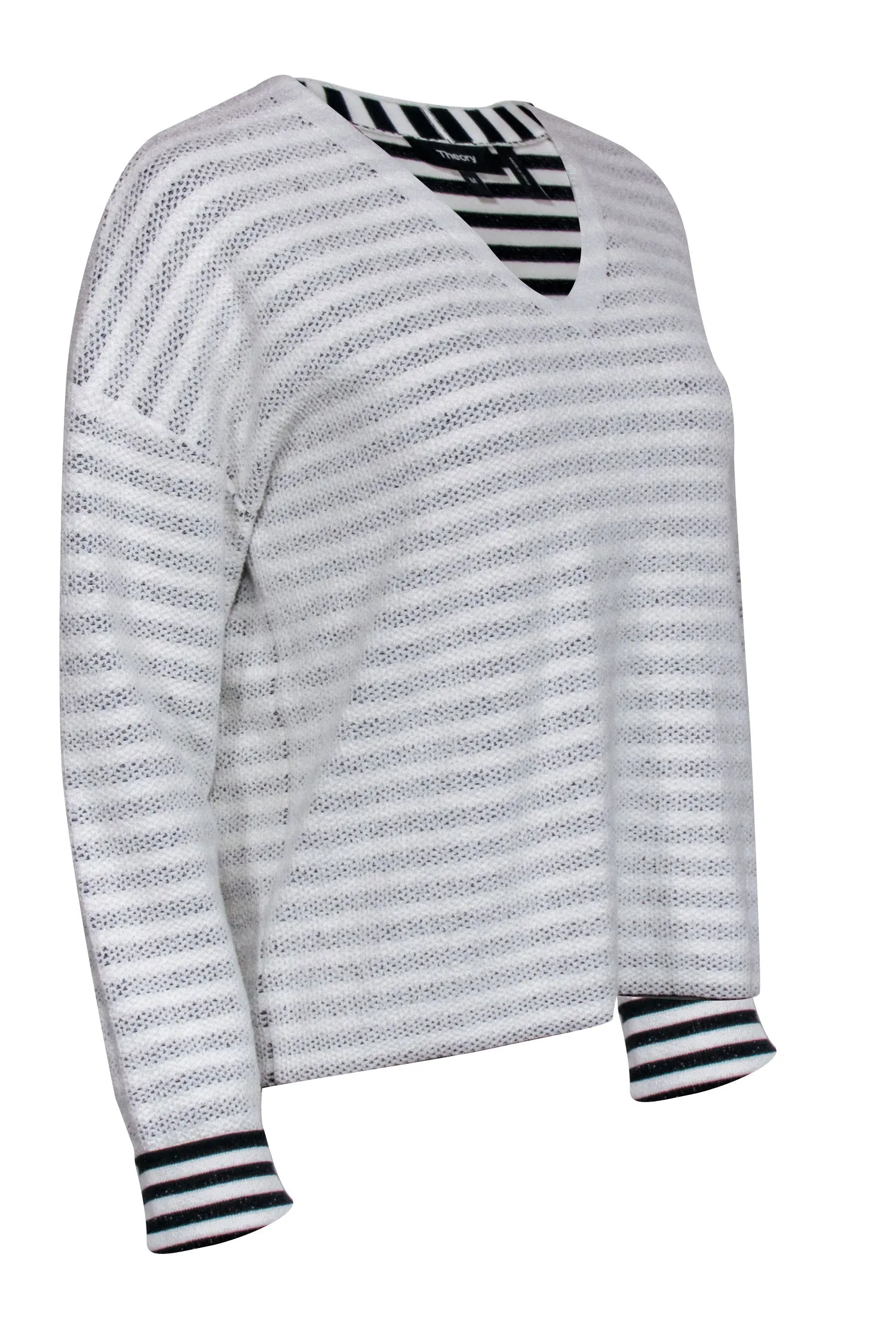 Theory - White & Black Reverse Stripe V-Neckline Sweater Sz M