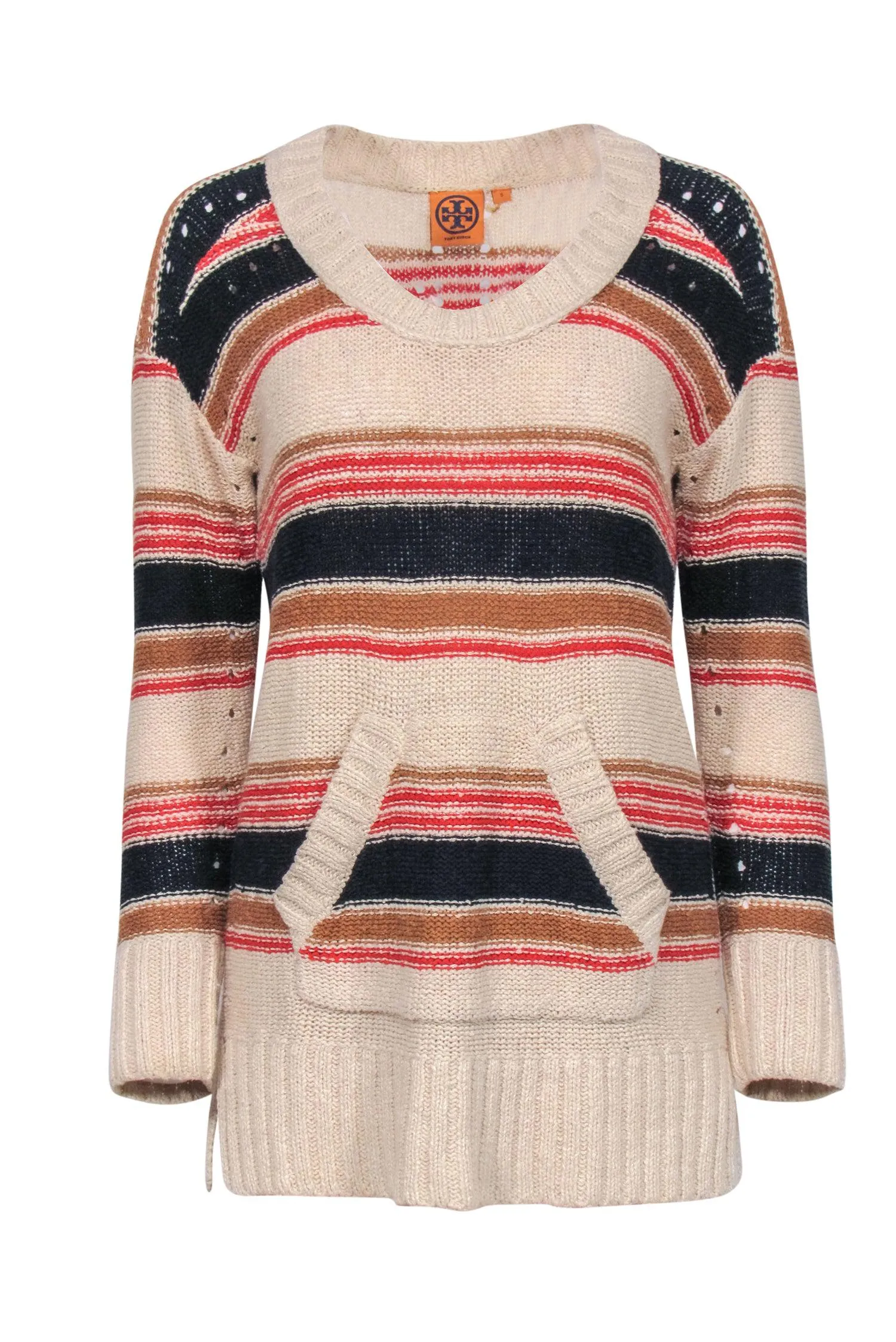 Tory Burch - Cream Navy, & Red Knit Sweater w/ Front Pocket Sz S