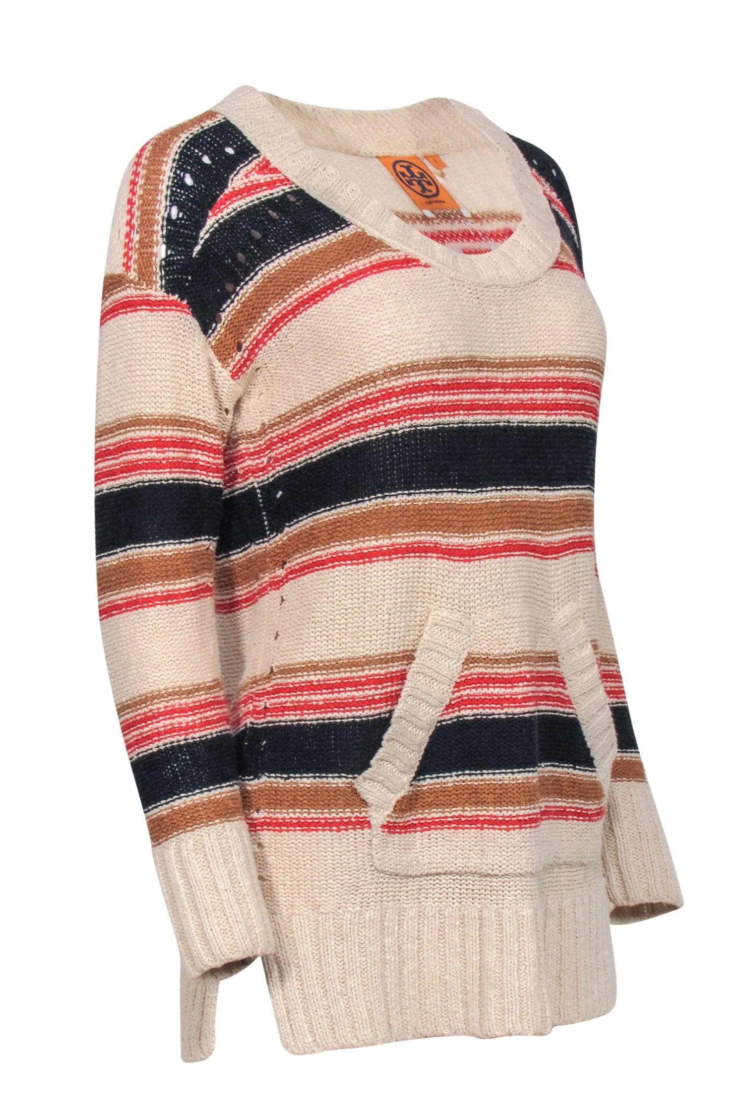 Tory Burch - Cream Navy, & Red Knit Sweater w/ Front Pocket Sz S