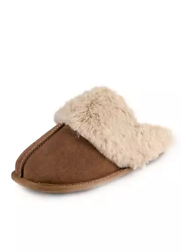 Totes Tan Real Suede Mules with Fur Cuffs | Kaleidoscope