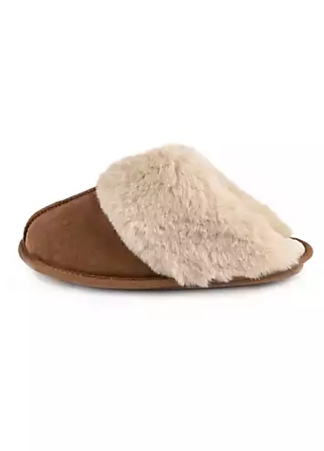 Totes Tan Real Suede Mules with Fur Cuffs | Kaleidoscope