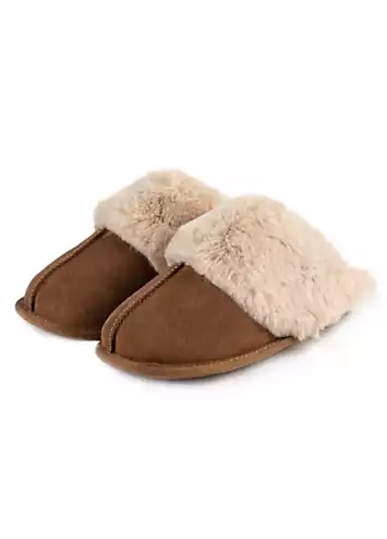 Totes Tan Real Suede Mules with Fur Cuffs | Kaleidoscope