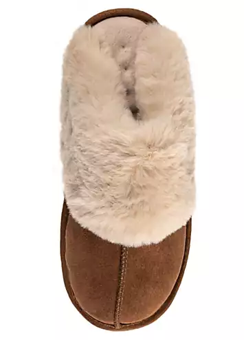 Totes Tan Real Suede Mules with Fur Cuffs | Kaleidoscope