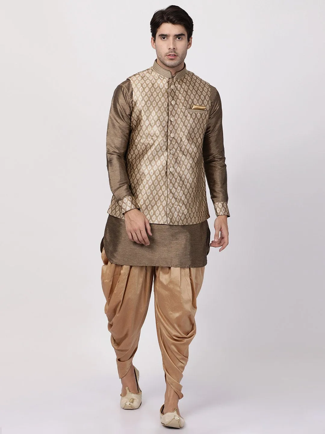 VASTRAMAY Men's Gold Woven Nehru Jacket With Kurta Dhoti Set