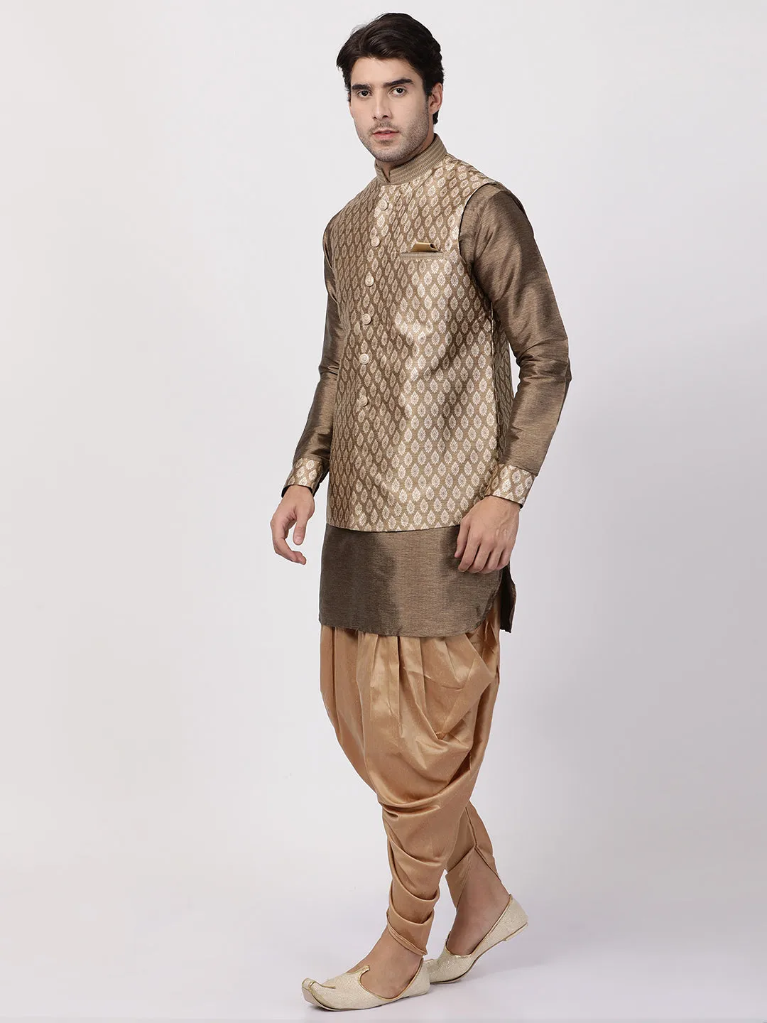 VASTRAMAY Men's Gold Woven Nehru Jacket With Kurta Dhoti Set