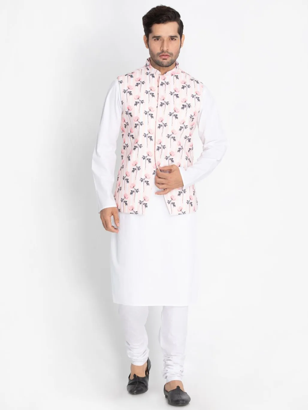 VASTRAMAY Men's White Cotton Blend Kurta, Pink floral Ethnic Jacket and Churidar Set