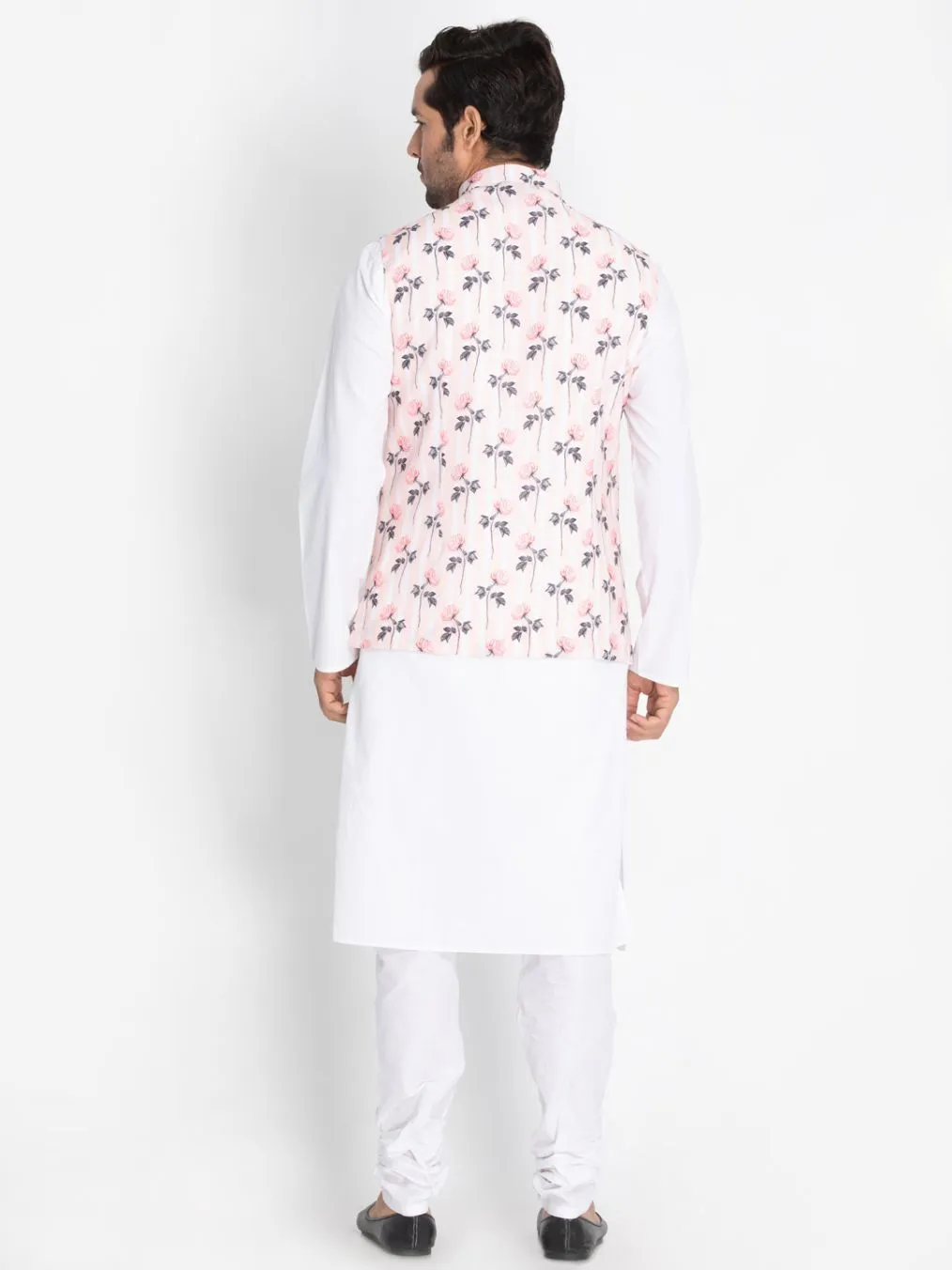 VASTRAMAY Men's White Cotton Blend Kurta, Pink floral Ethnic Jacket and Churidar Set