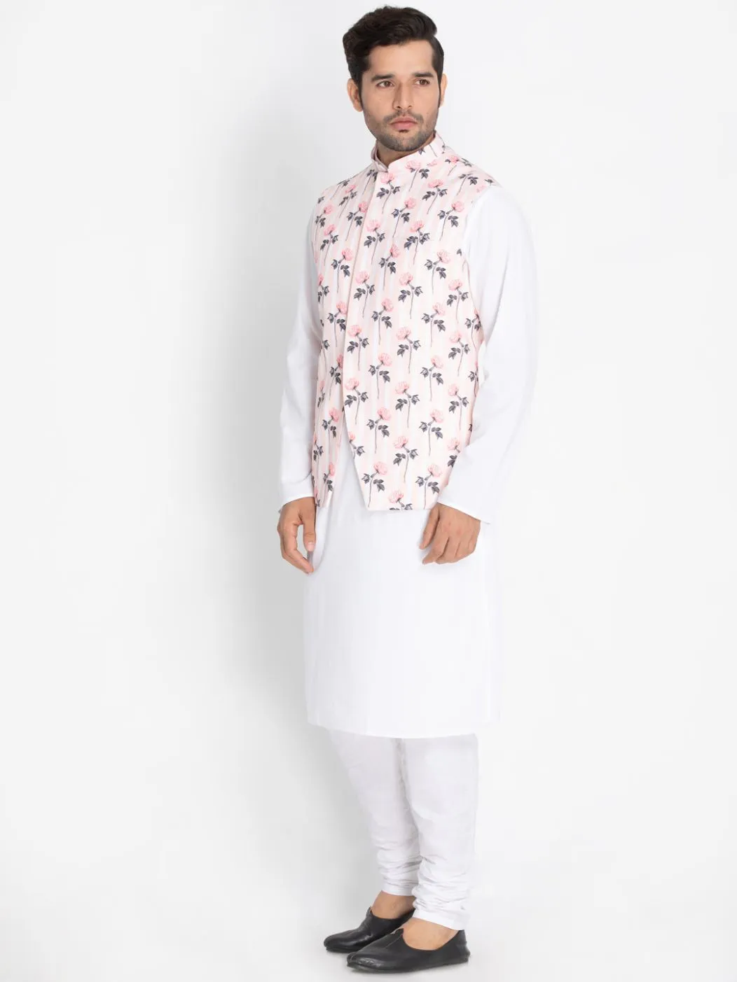 VASTRAMAY Men's White Cotton Blend Kurta, Pink floral Ethnic Jacket and Churidar Set