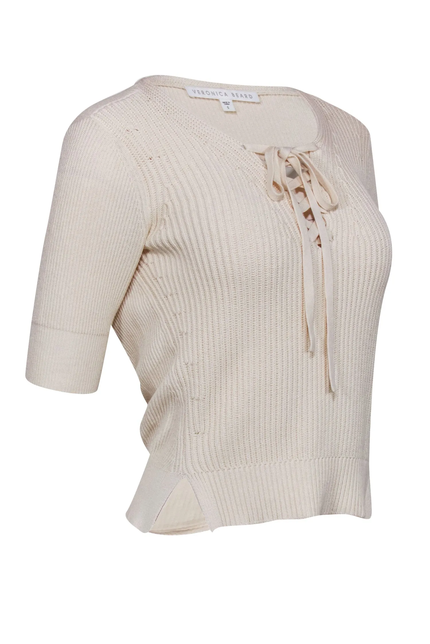 Veronica Beard - Cream Rib Knit Sweater w/ Lace Up Front Sz S