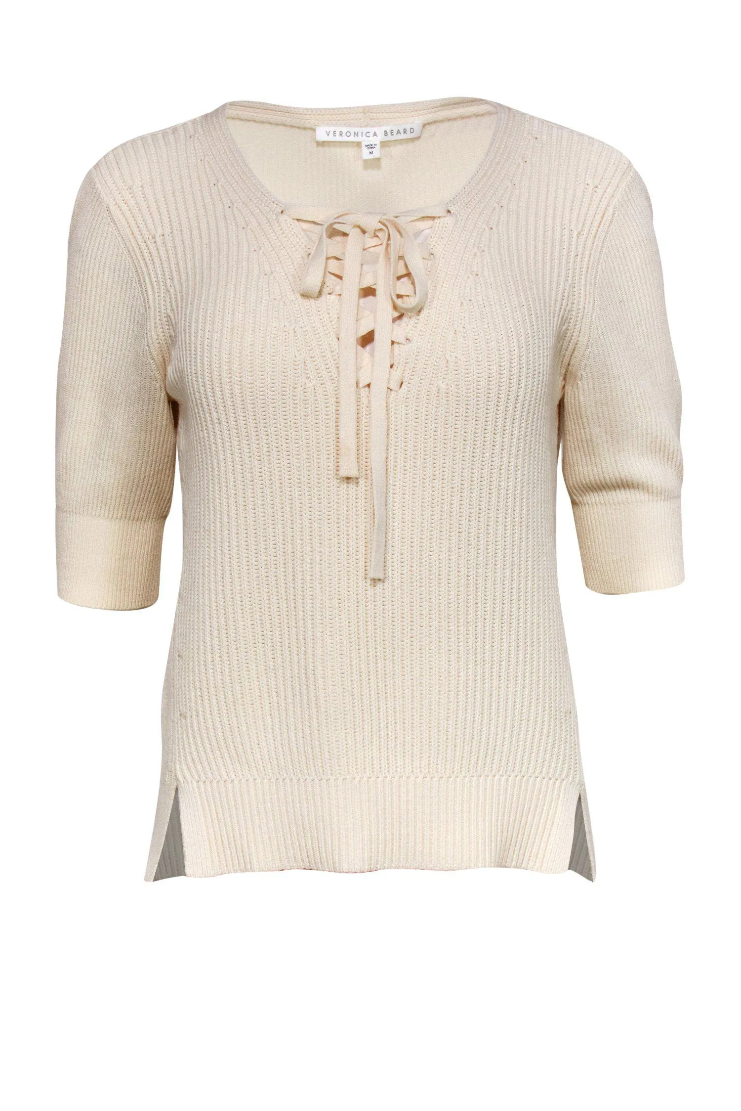 Veronica Beard - Cream Ribbed Lace-Up Short Sleeve Sweater Sz M