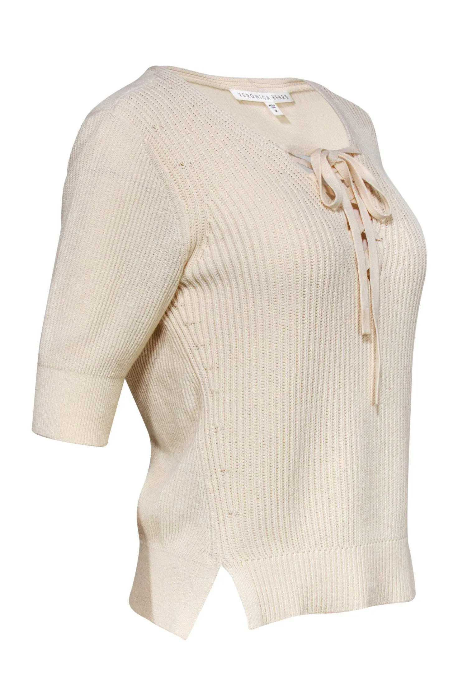 Veronica Beard - Cream Ribbed Lace-Up Short Sleeve Sweater Sz M