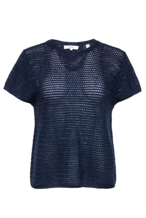 Vince - Navy Cotton Crochet Short Sleeve Sweater Sz L