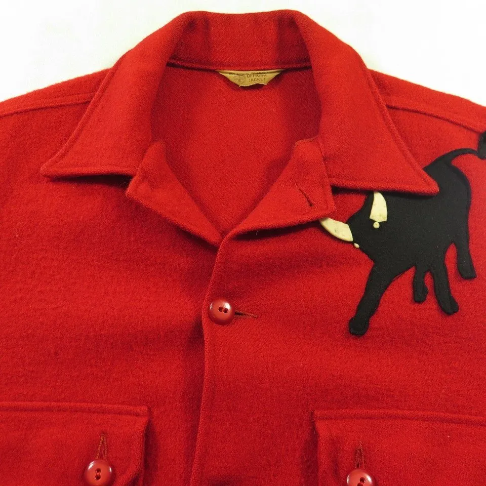 Vintage 60s Boy Scouts Wool Shirt Jacket Mens 42 Red Wool Philmont Black BulL