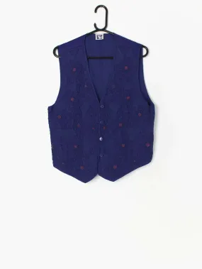 Vintage beaded vest royal blue with abstract floral embroidery – Medium