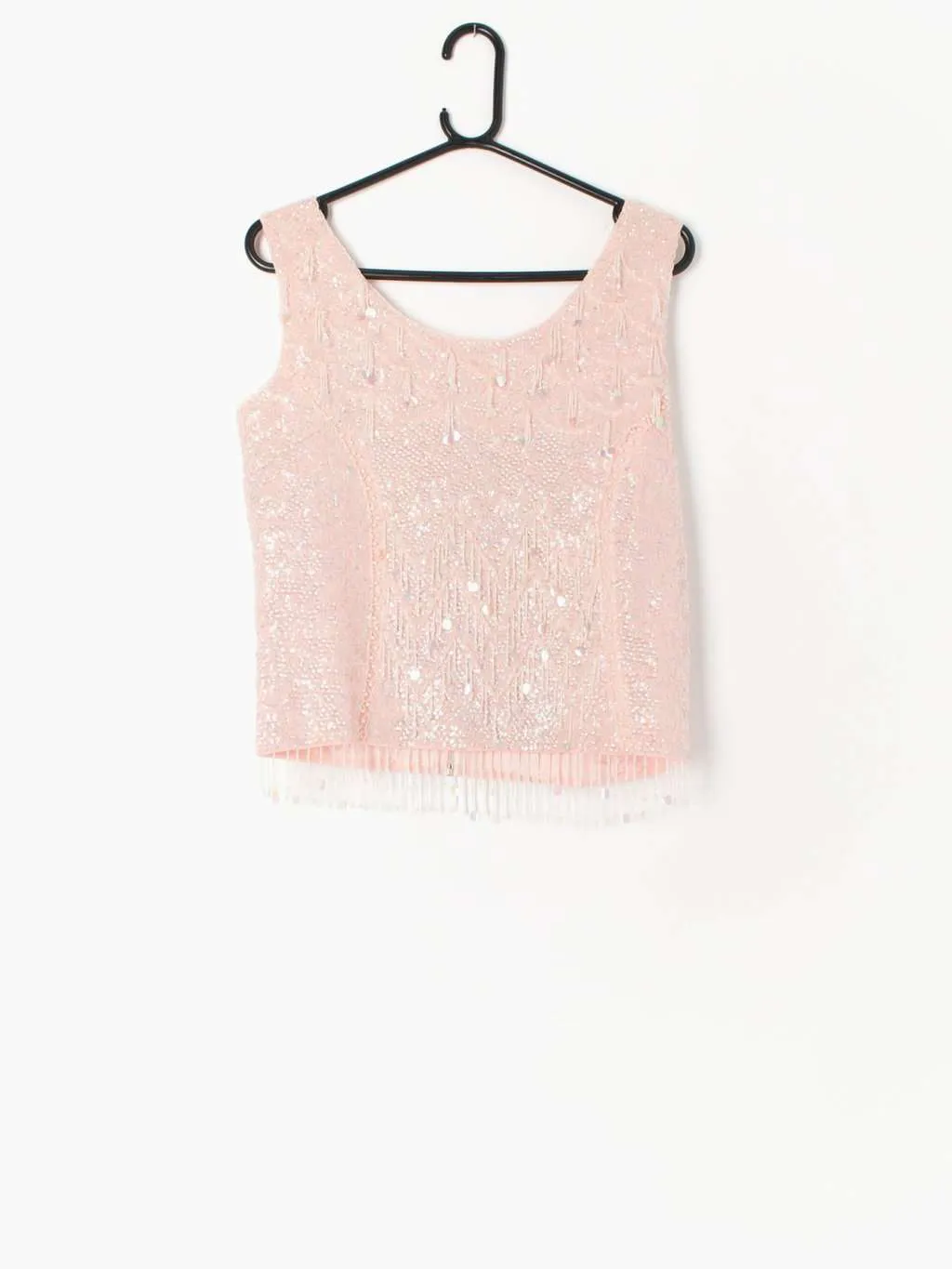 Vintage pastel pink sequin vest sparkly top with beaded fringe details 1960s – Small