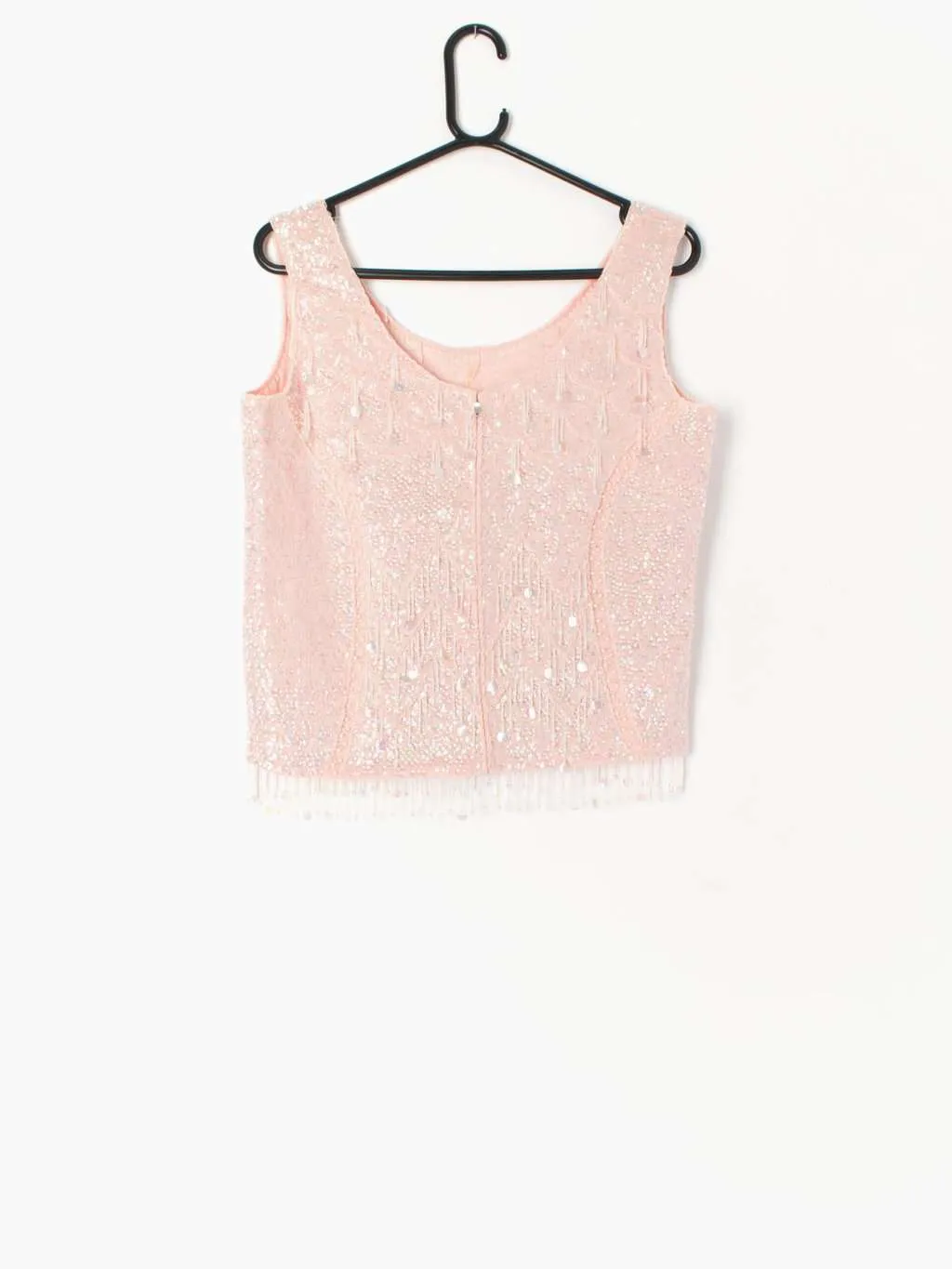 Vintage pastel pink sequin vest sparkly top with beaded fringe details 1960s – Small