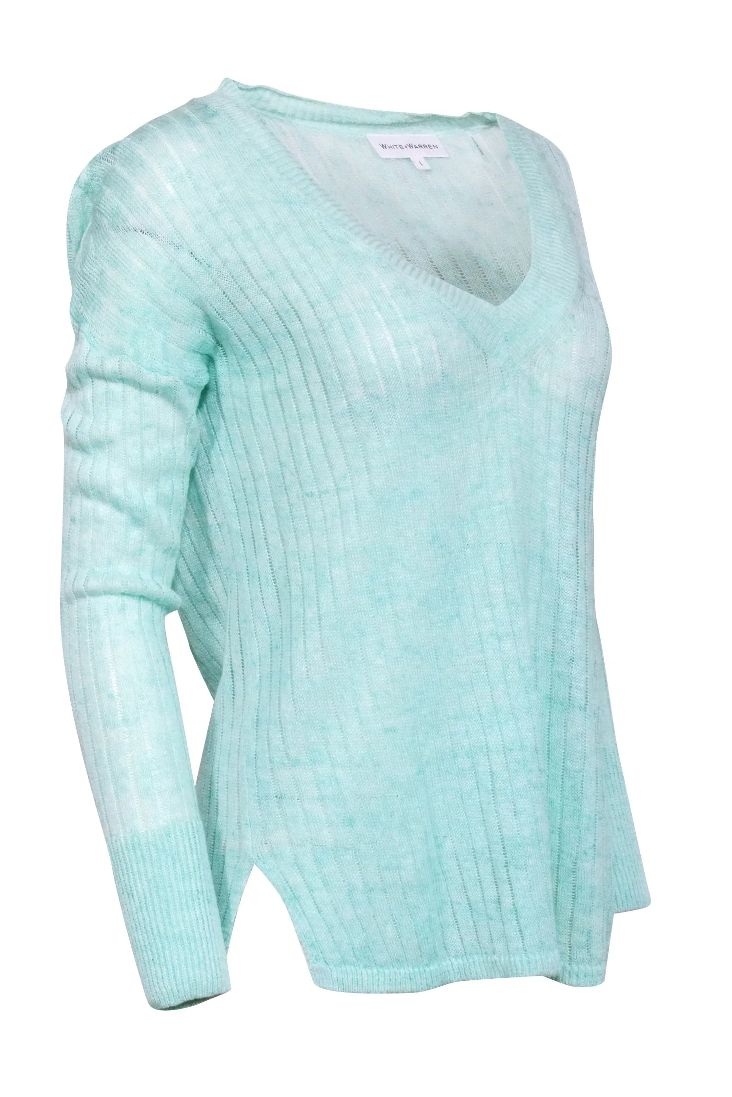 White & Warren - Mint Green V-Neck Ribbed Knit Sweater Sz L