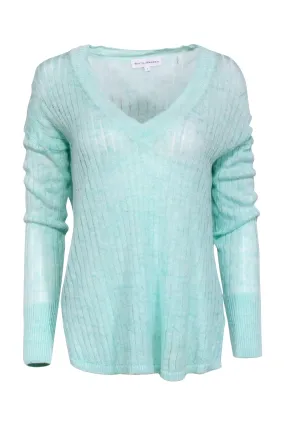 White & Warren - Mint Green V-Neck Ribbed Knit Sweater Sz L