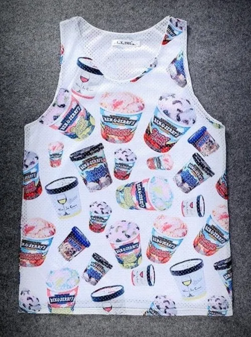 White Ben Jerry's Ice-Cream Net Sleeveless Mens T-shirt Vest Sports Tank Top