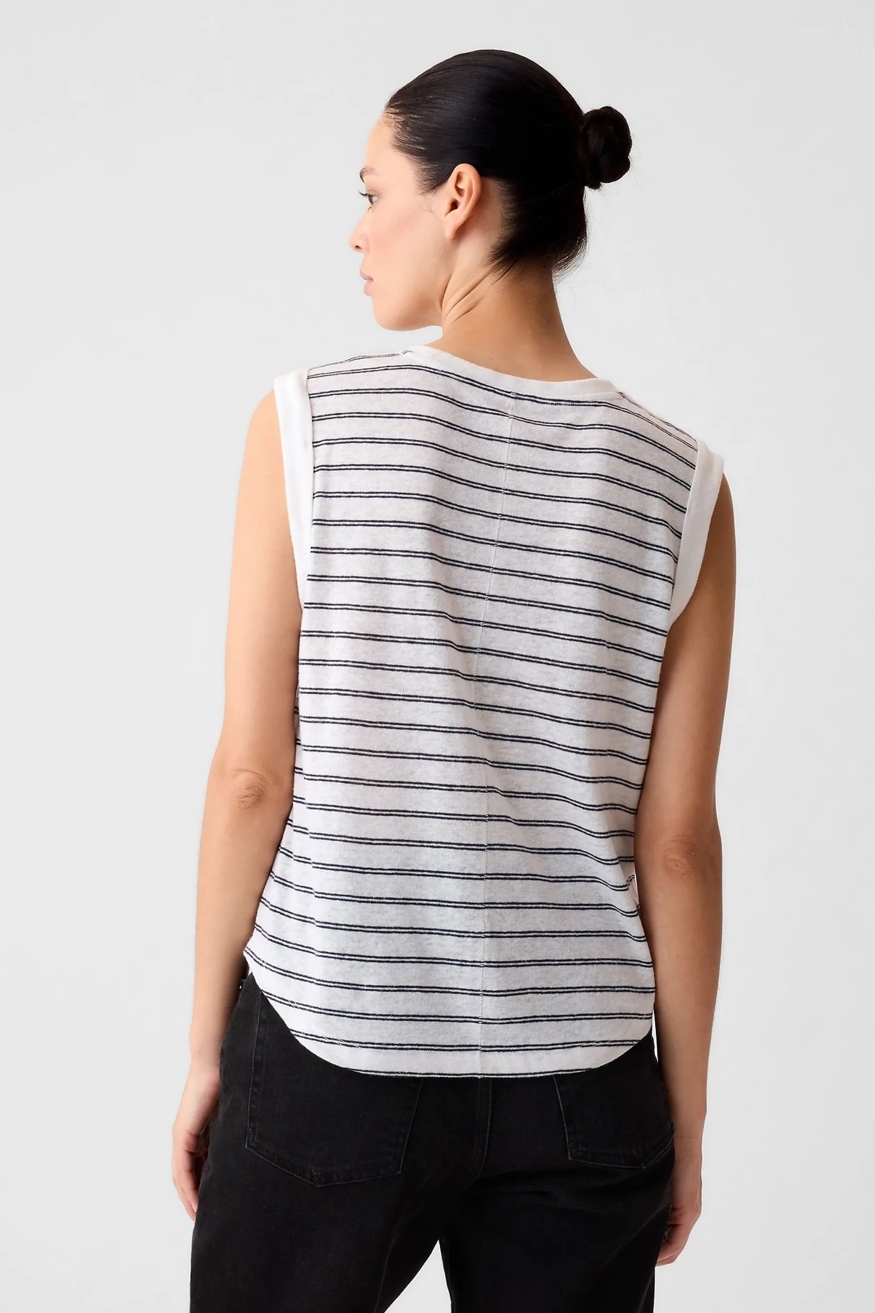 White Stripe Linen Blend Sleeveless Tank Top