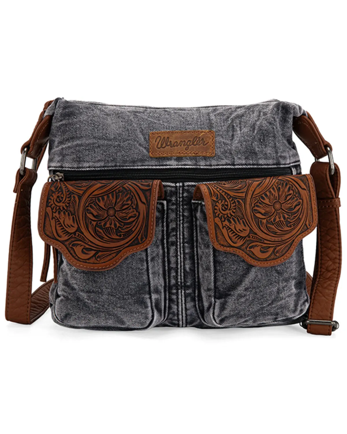 Wrangler Women's Fringe Floral Tooled Denim Crossbody Bag